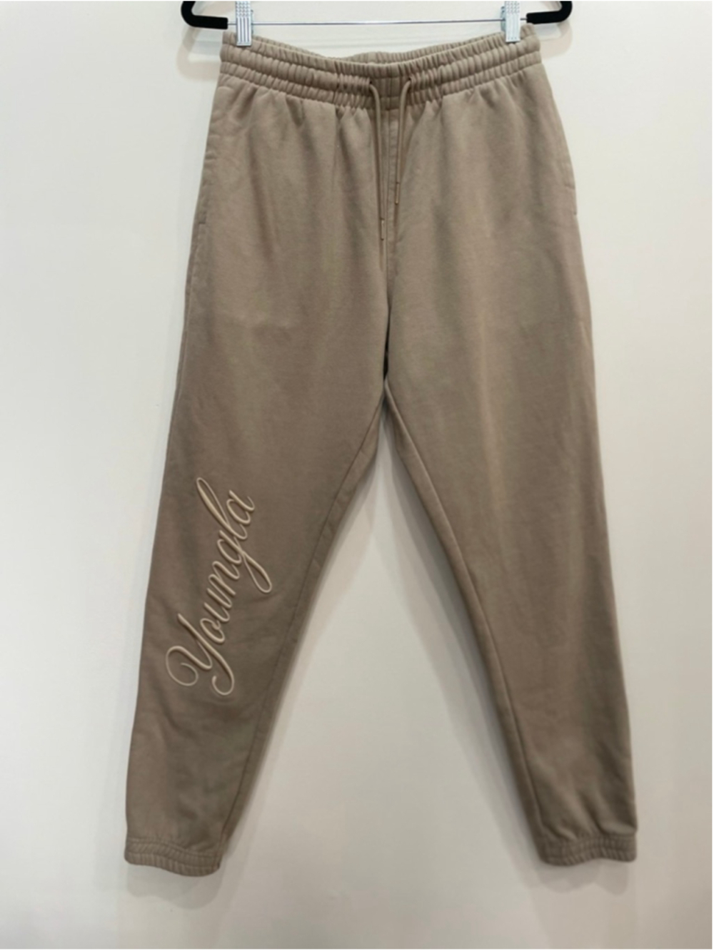 YOUNGLA Beige Sweatpants Joggers M Embroidered Logo Drawstring Gym Heavyweight